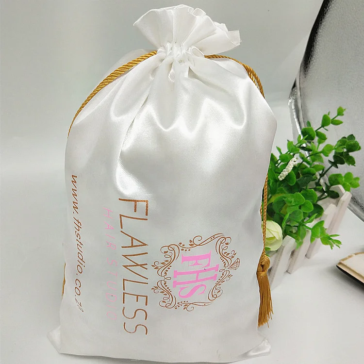 

Custom Large White Drawstring Satin Packaging Pouch for Clothing handbag shoe wig caps packing dust bags, Customized color