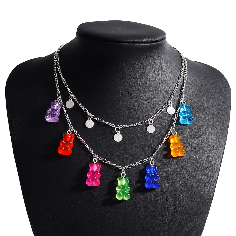 

Cheap Adjustable Cute Jewelry Acrylic Transparent Colorful Multilayer Clavicle Link Chain Teddy Bear Gummy Bear Necklace, Silver