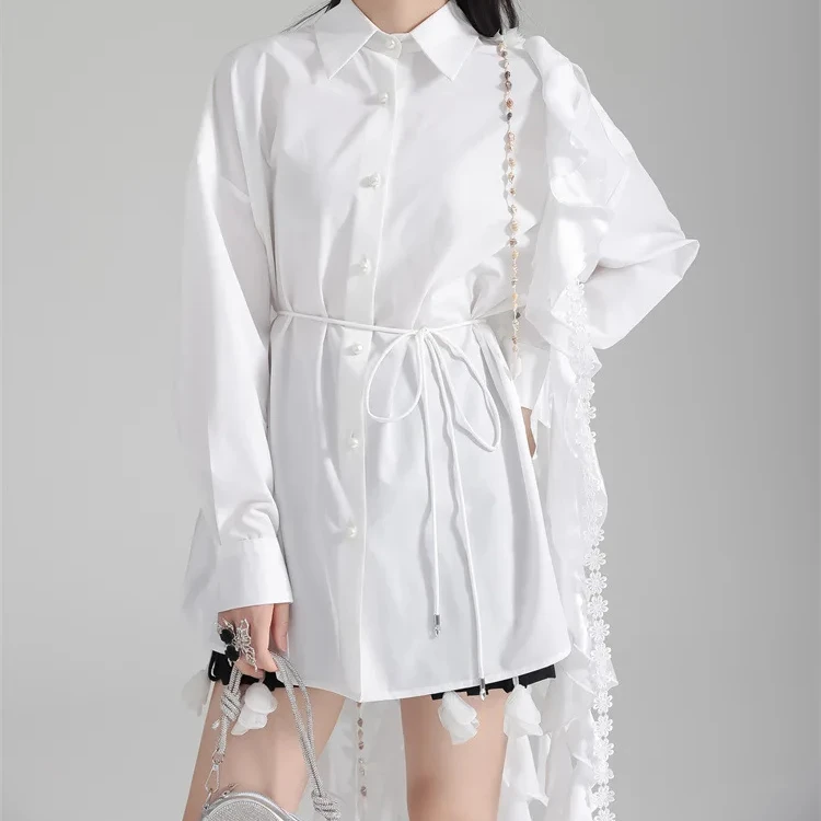 

2023 New Design Lace Tassels Oversized Loose Fitting Shirt Skirt Summer Streetwear Style with Solid Fabric Ruffle Top