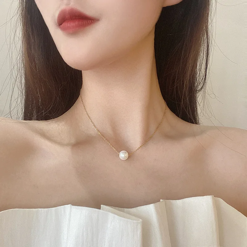 

Summer Simple Style Real Gold Plated Titanium Steel Link Chain Pearl Choker Necklace Natural Freshwater Pearl Clavicle Necklace