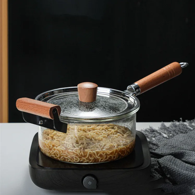 

3.5L long Side Wooden Handle Clear Borosilicate Glass Cooking Pot Sets With Lids, Clear glass