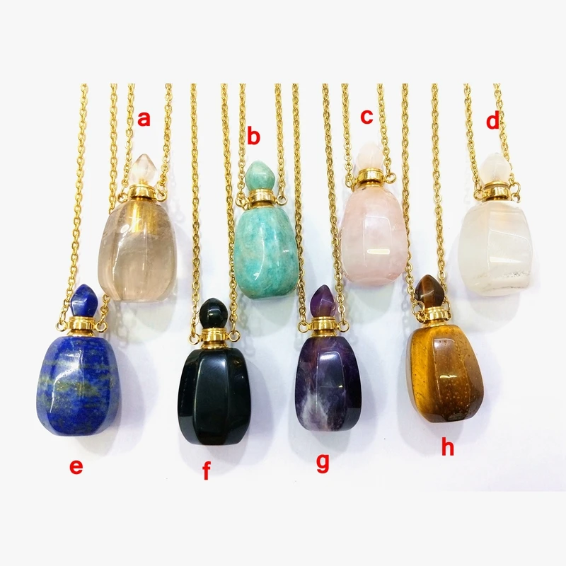 

Cute Unique Gemstone polished Perfume bottles gold plated Perfume bottle necklace Scent vial Essential Oil bottles jewelry, Multi