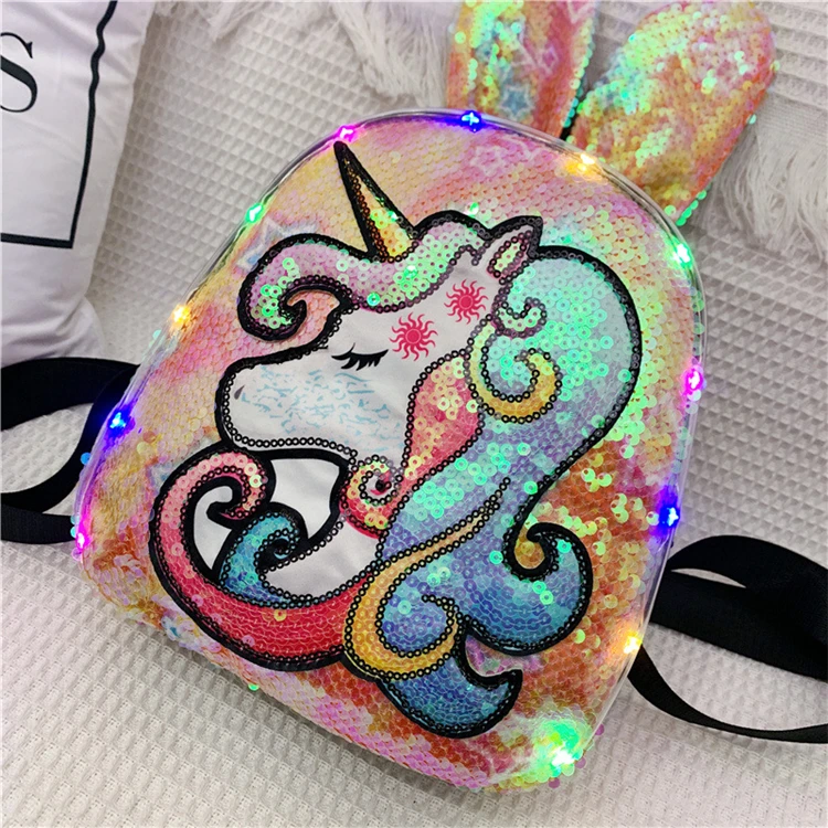 

2021 Latest Fashion Kids Mini Bag Custom Light Glitter rabbit Bag Cartoon Girl unicorn Shining Sequin Backpack mochila LED, As picture