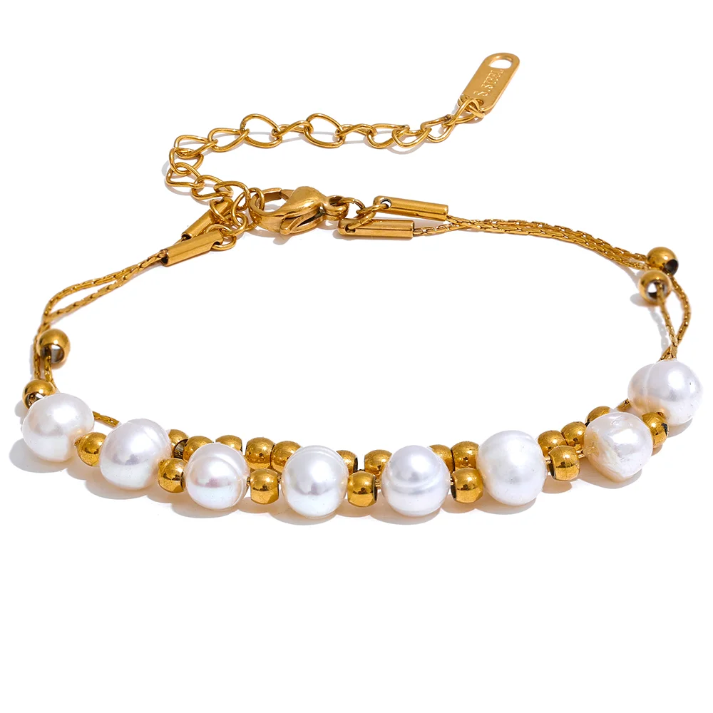 

JINYOU 602 Natural Freshwater Pearls Bead Chain Stainless Steel Waterproof Bracelet Bangle for Women Handmade Jewelry