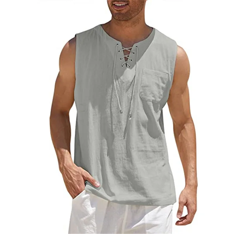 

Men Solid Color Sleeveless V Neck Bandage Pocket Vest