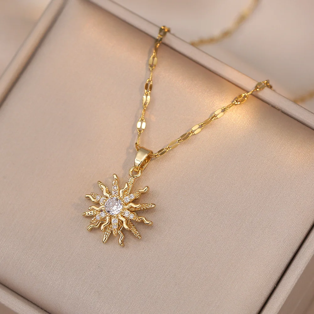 

Flower Gold Plated Stainless Steel Statement Zircon Rotatable Necklace For Women