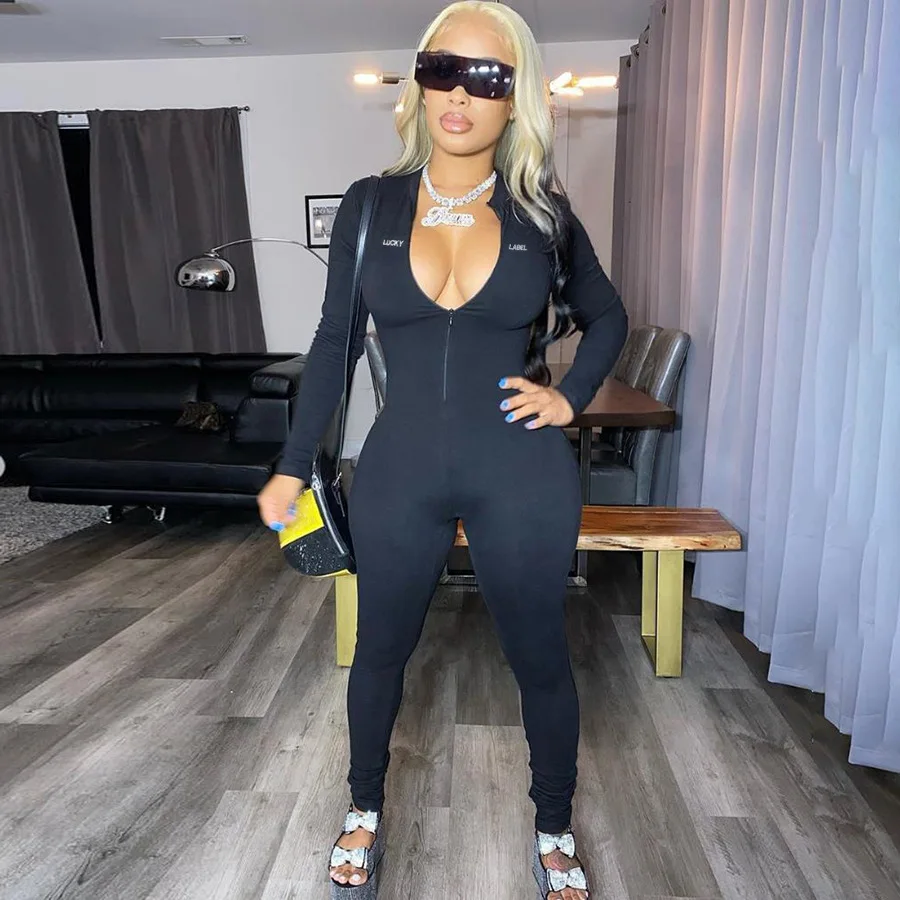 

S71150 - bodycon fashion casual long sleeve embroidery letter women jumpsuits