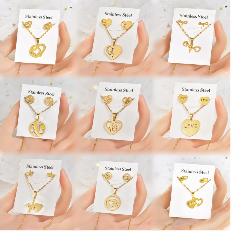 

Fashion Jewelry Set Women Non Tarnish 18K Gold Stainless Steel Heart Pendant Necklace And Earrings Set For Couple Gift