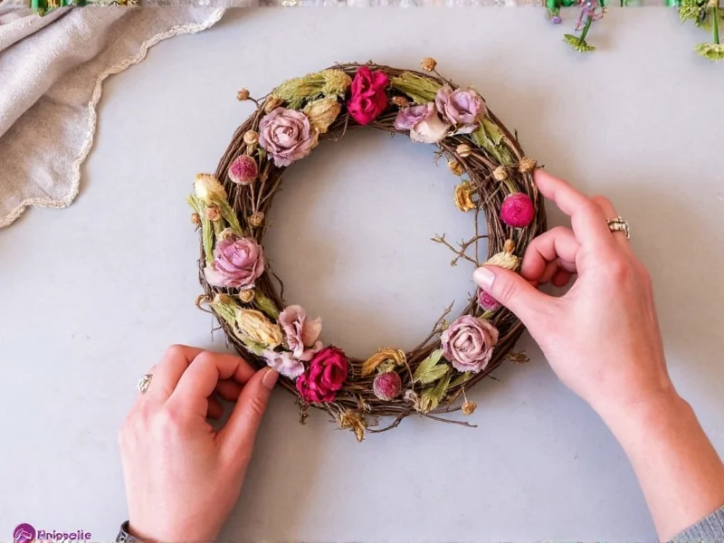 Hand arranging dried flowers on grapevine wreath base