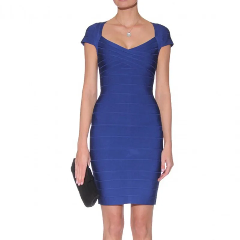 

LE-19101604 Blue Round Neck Cap Sleeve Mini High Quality Bandage Dress