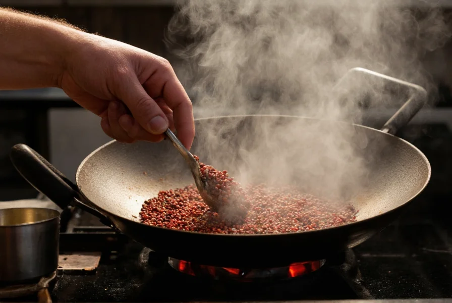 Chef toasting Sichuan peppercorns in a wok with aromatic steam rising