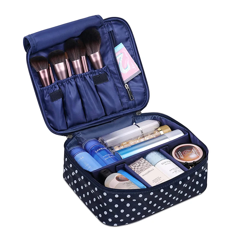 

Waterproof Polyester Travel Makeup Box Cosmetic Bag Toiletry Organizer with Brush Holder Lipstick Case for Women, Blue or custom