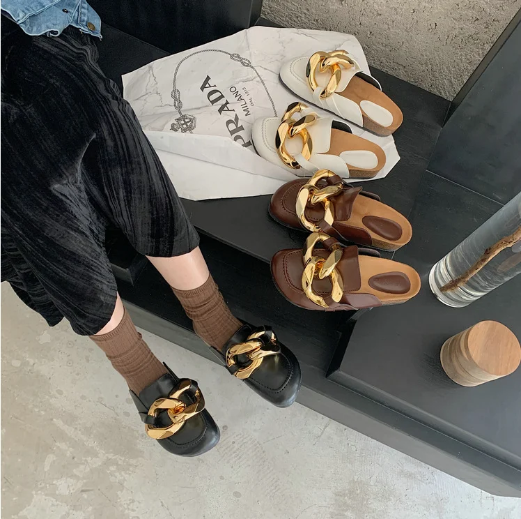 

2021 women's slippers chain Baotou half slippers women's outer wear winter new retro mules outer wear platform sandals, Brown, black, white