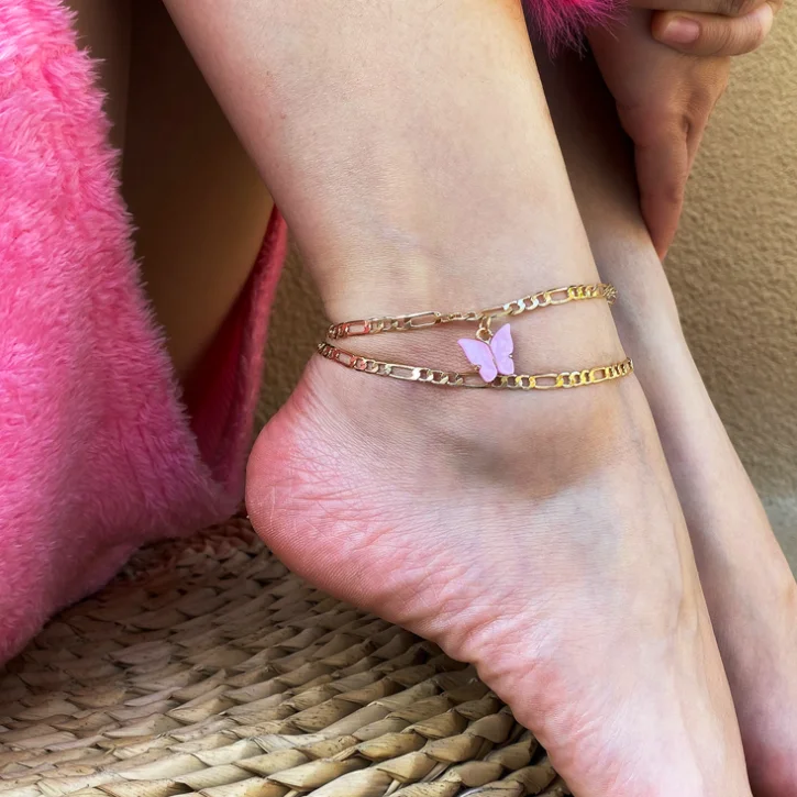 

Personality Multi-layered Pink Butterfly Ankle Jewelry Foot Chain In Gold Plated For Women Girls Wholesale