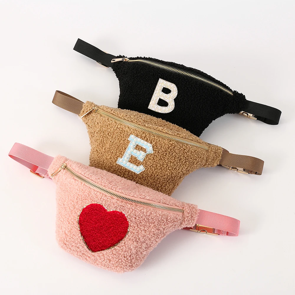 

Stock Beige Pink Black Brown Teddy Fur Fuzzy Bum Packs Winter Waist Bags with Adjustable Straps DIY Name Premium Fanny Bag, Multi color
