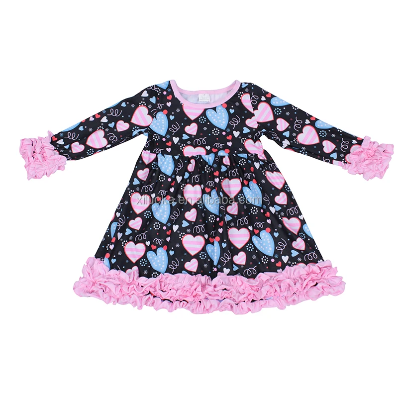 

New Style Valentine's Day Kids Ruffle Clothes Icing Ruffle Long Sleeve Girl Boutique Dress
