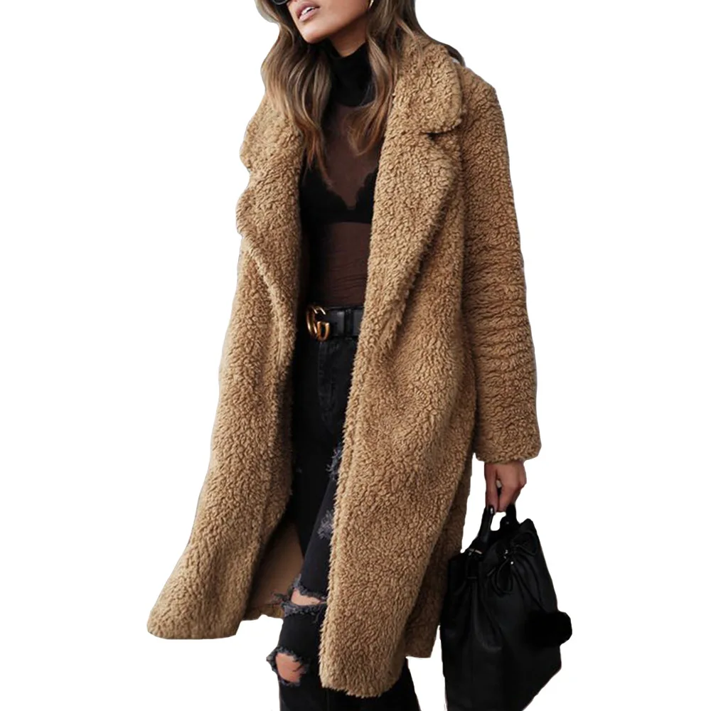 

CL-0928 Winter New Design Wholesales Fashionable Casual Long Ladies Coat Lapel Long-sleeved Plush Top Women Long Coat For Women