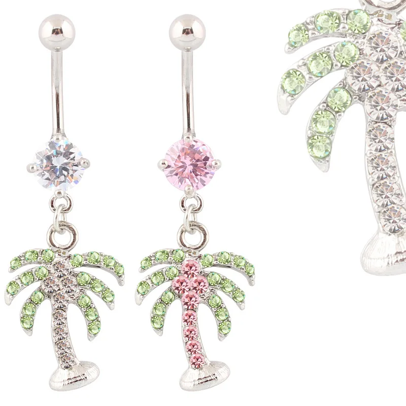 

Fashion Medical Cubic Zircon Wholesale Surgical Steel Crystal Coconut Tree Jewelry Body Piercing Belly Button Rings Navel