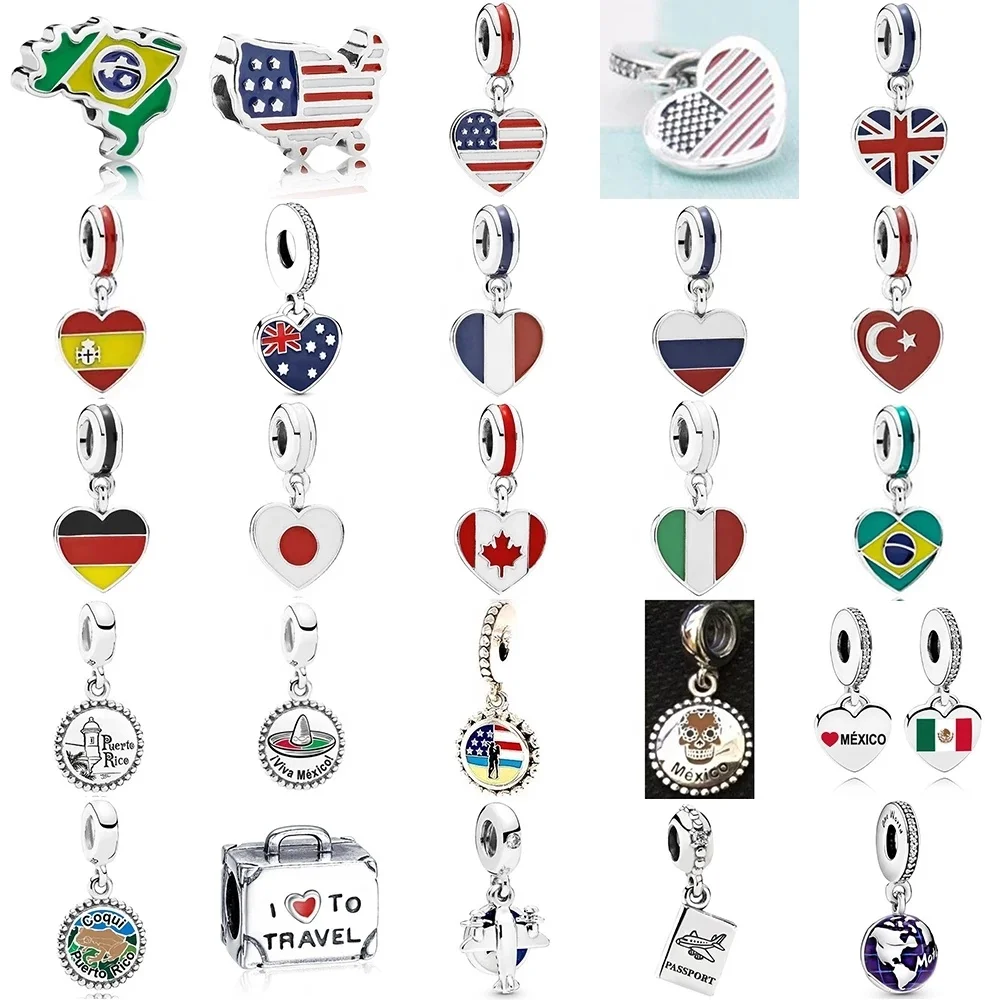 

2021 New 100% 925 Sterling Silver Dangle Pendant DIY Girl Bracelet Necklace Charm Original National Flag Tour Jewelry Gift