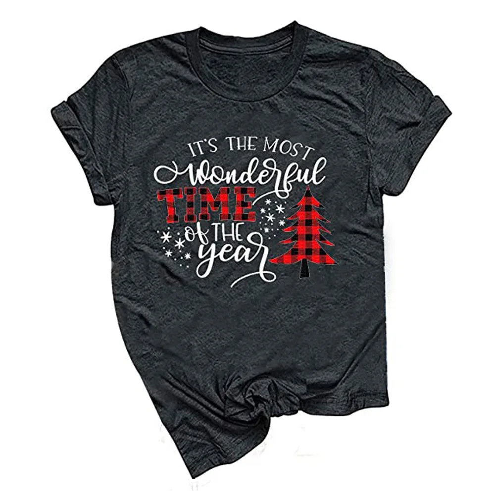 

Christmas Women's Top Most Wonderful Time Print Round Neck Short Sleeve T-shirt, Green, white, light gray, dark gray