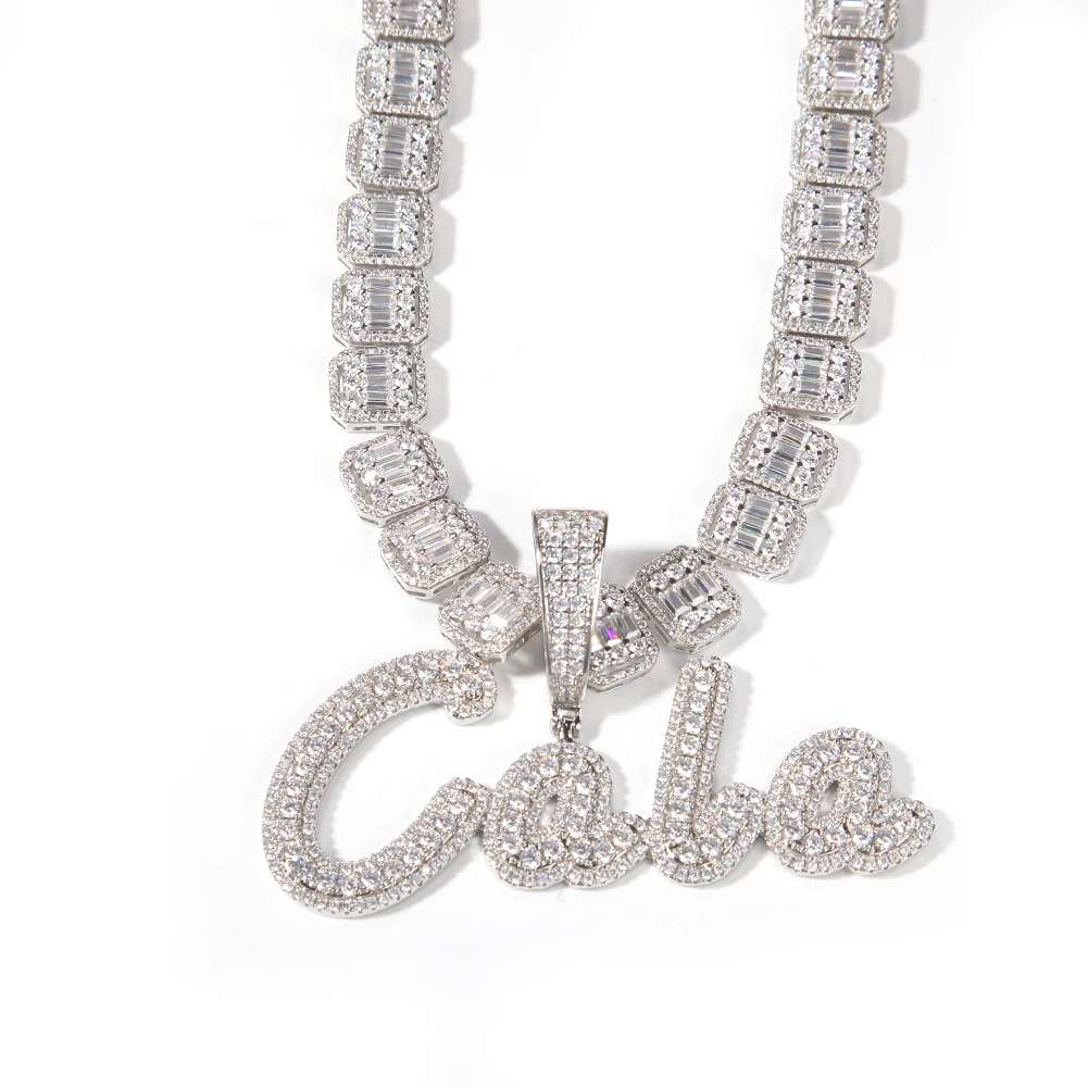 

Silver Baguettes Chain Personalized Iced Out Diamonds Pave CZ My Name Plate Custom Necklace, Gold,silver