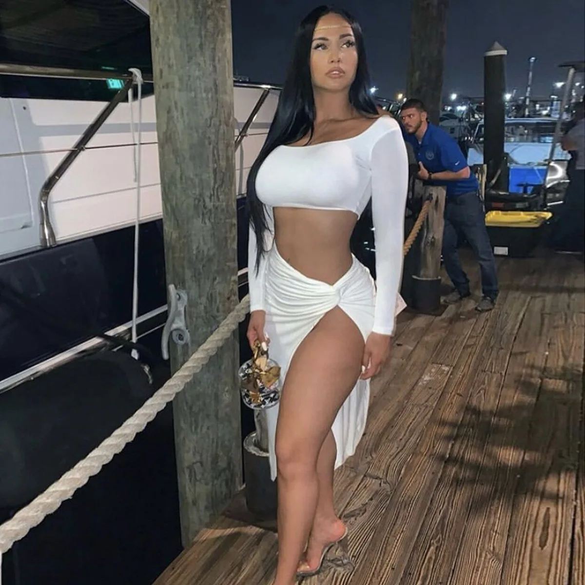 

2020 Fashion Casual Two Piece Dresses Outfits For Womens Summer Sexy Crop Top Long Sleeve Skirt Set