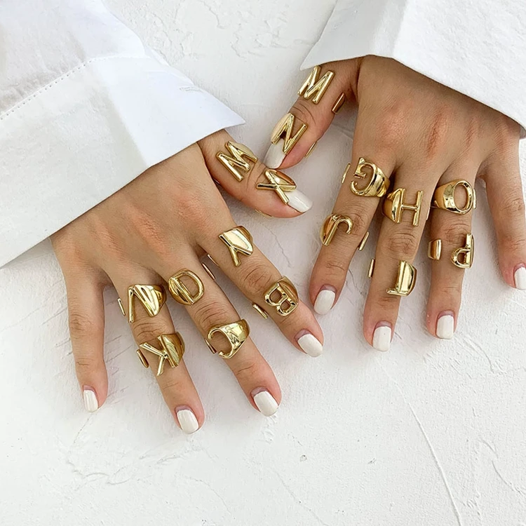 

Trendy Men Jewelry Party Punk Hollow Gold Chunky Adjustable Alphabet A-Z 26 Letter Initial Rings For Women