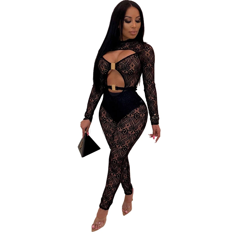 

2020 Latest Design Suspender Jumpsuit Embroidery Floral Long Sleeve Sexy Ladies African Lace Mesh Button Jumpsuit, 2 colors