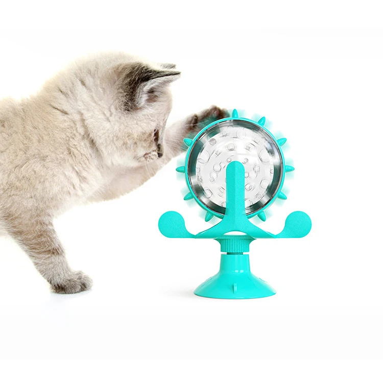 

Spinning Windmill Leaking Food Toy Interactive Teasing Cat Toy Turntable Feeder Cat Toy with Suction Cup, Blue, green, yellow