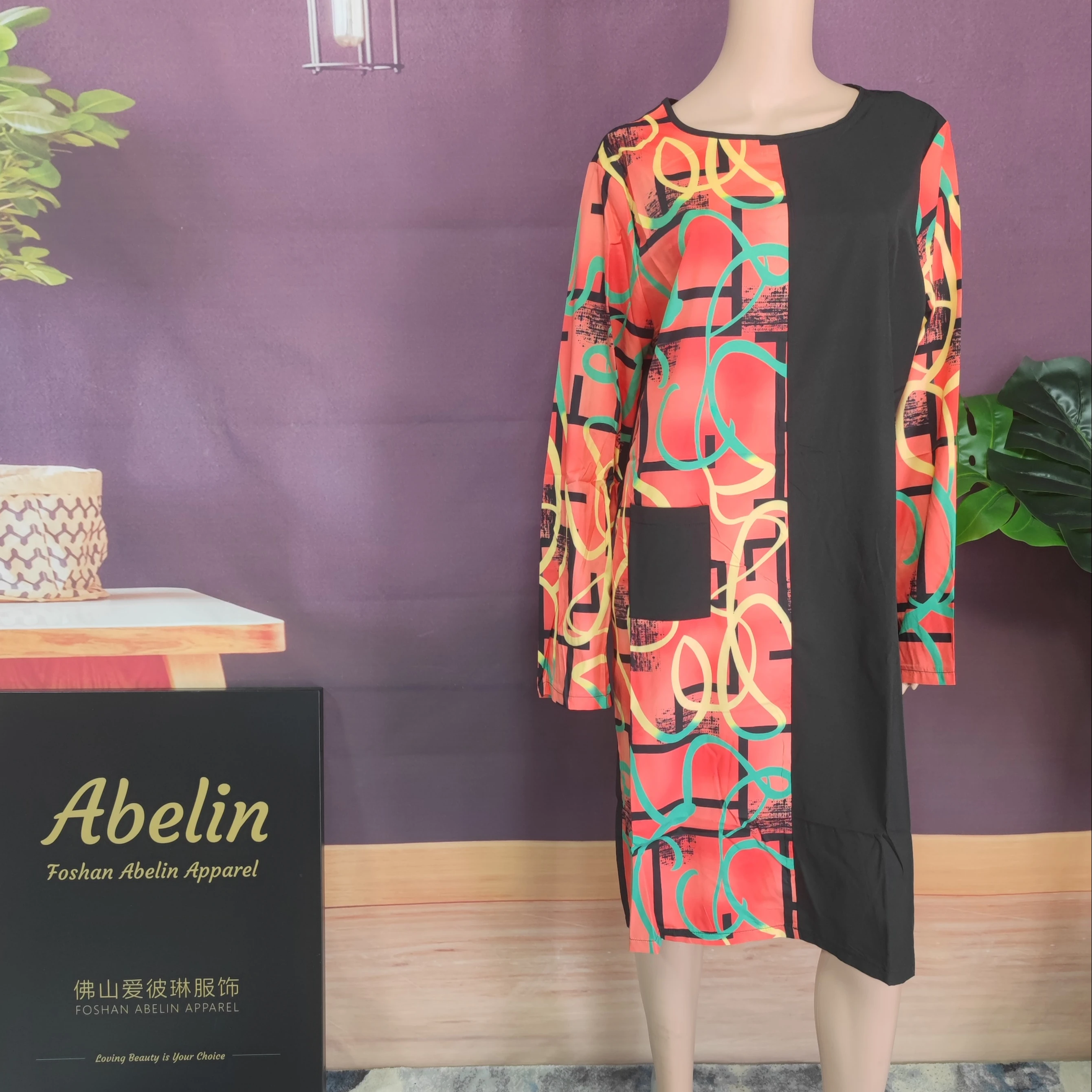 

Summer African plus-size print spliced long-sleeved dress, As showed