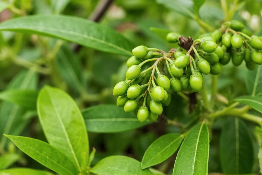 Close-up view of Piper nigrum vine with clusters of green peppercorns growing in tropical environment