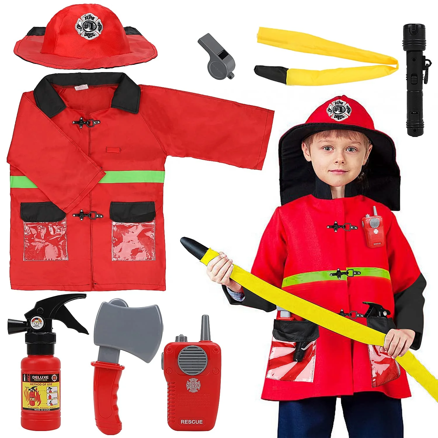 

(Only for US customers) TOY Life Simulation Red Fire Fighting Suit Fireman Clothing Kid Dress Up Pretend Play Set For Boys