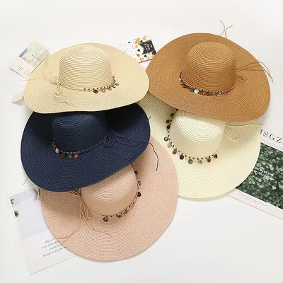 

Spring Summer Bohemian Style Lady Paper Wide Brim Beach Straw Hats With Nationality Wind Decoration For Women Hat