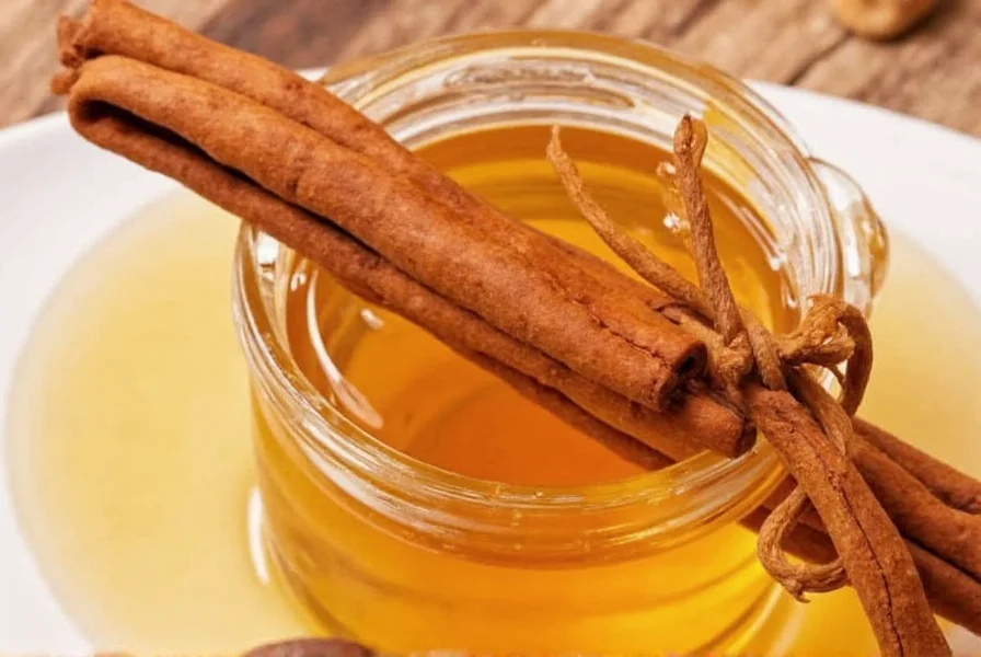 Close-up of golden honey drizzled over cinnamon sticks on wooden surface showing natural texture and color contrast