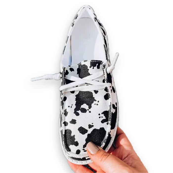 

2021 Hot Sale Lace-Up Slip On Women Cow Print Canvas Shoes, White,black,pink,grey,camo,brown leopard,cow