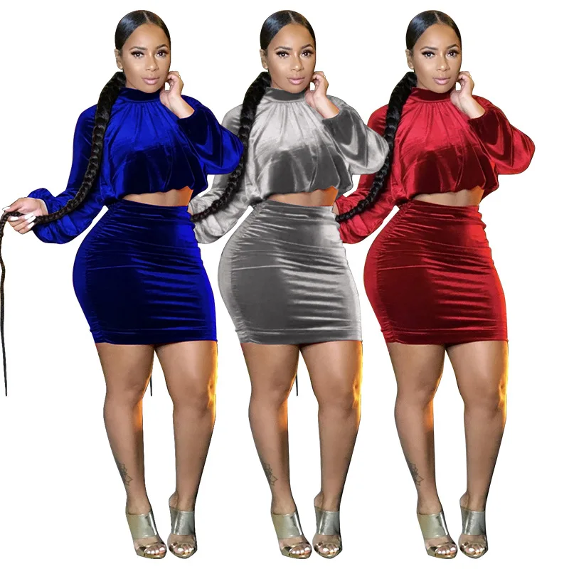 

Latest Spring Summer Womens Clothing Fashion two piece dress set skirt 2021 club bodycon velvet skirt sets women 2 piece outfits, Pink blue purple skirt set womens clothing