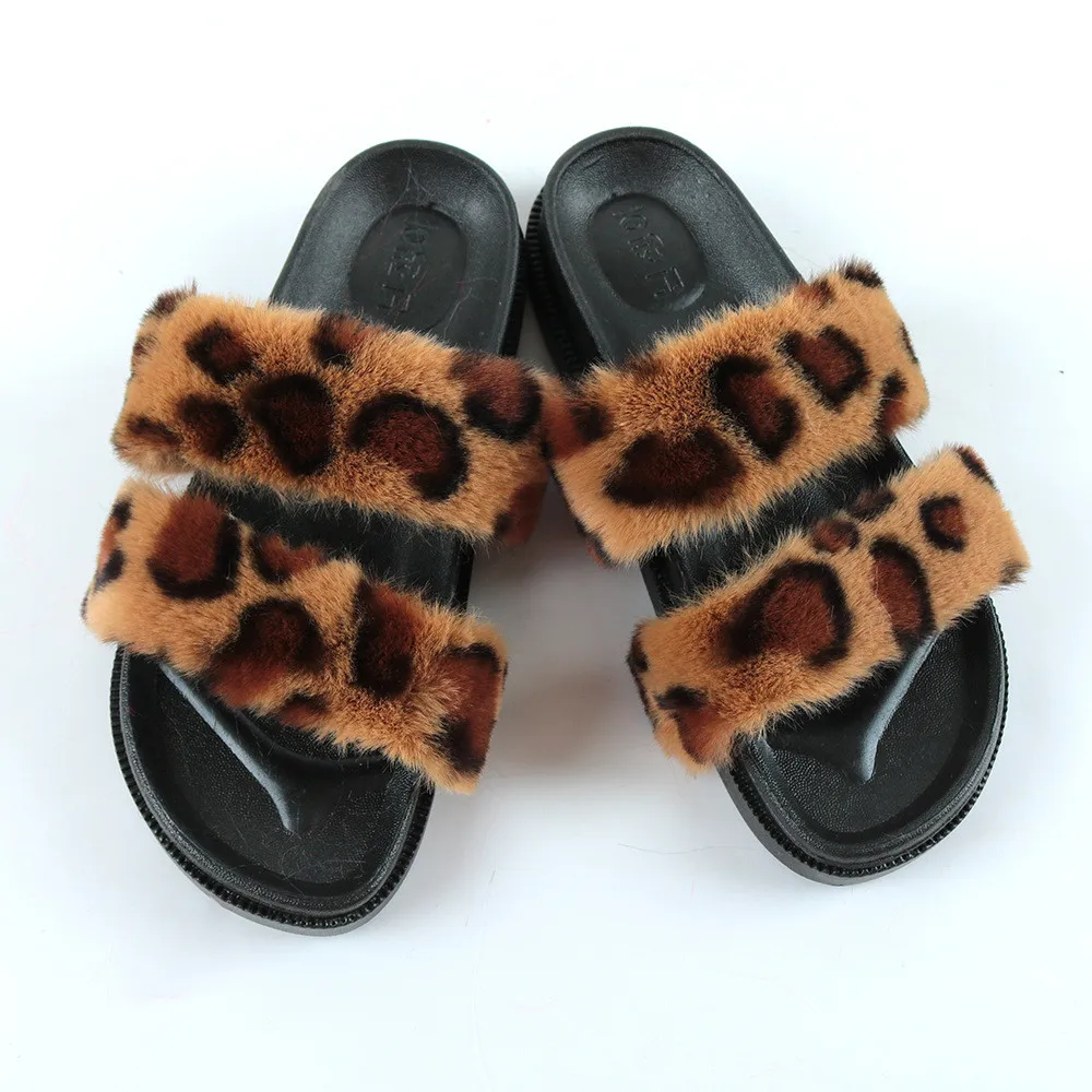 

Leopard style double strap fur slides casual plush elastic faux fur furry two strap slides slippers