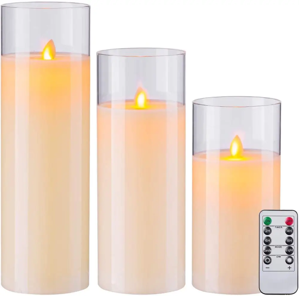 Battery Operated Home Decoration Paraffin Wax Pillar Shape Glass LED Candles