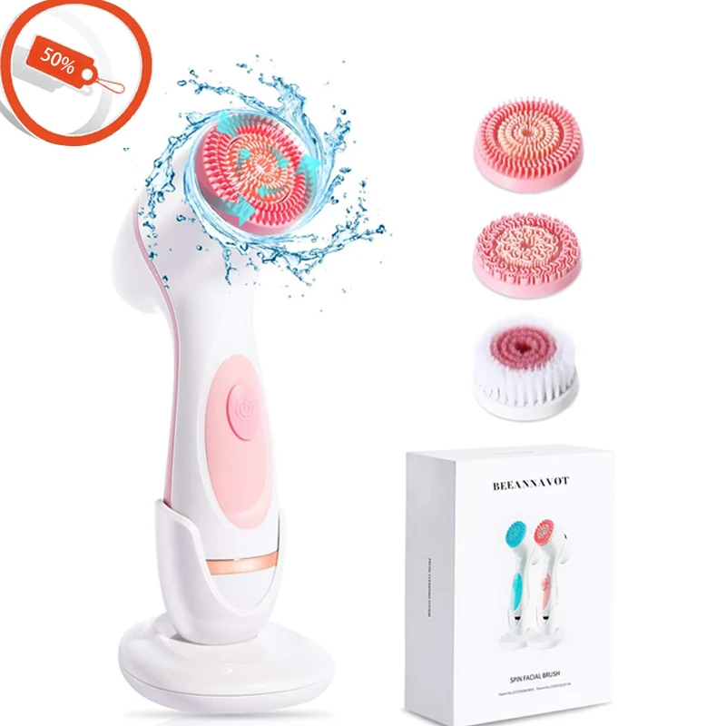 

Discount 50% Sonic Vibration Massage Battery Operate Smart Face Cleaner Waterproof Spin Facial Brush with 3 Different Brush