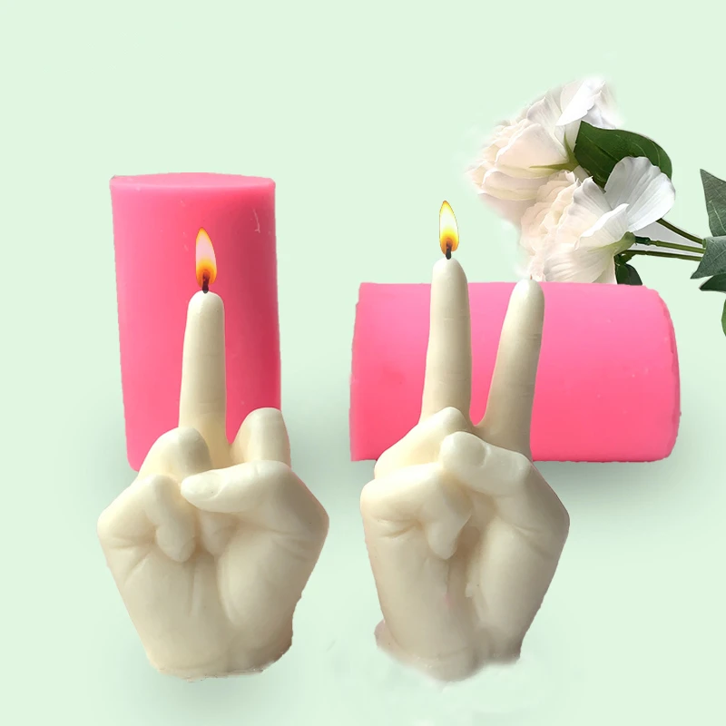 

New Design Victory Gesture Silicone Mould F uck You Candle Sculpture Making Hand shape Middle Finger Candle Mold, Pink