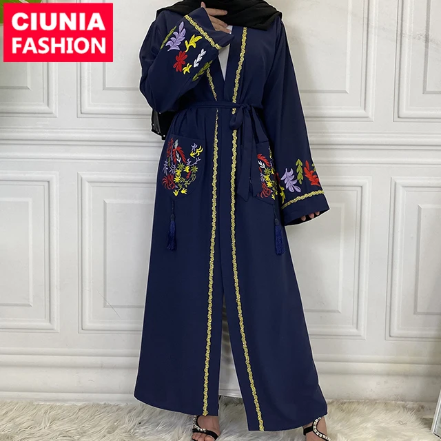 

1870# Abaya With Embroidery New Style Latest Models Muslim Front Open Kimono Belt Pockets Islamic Clothing