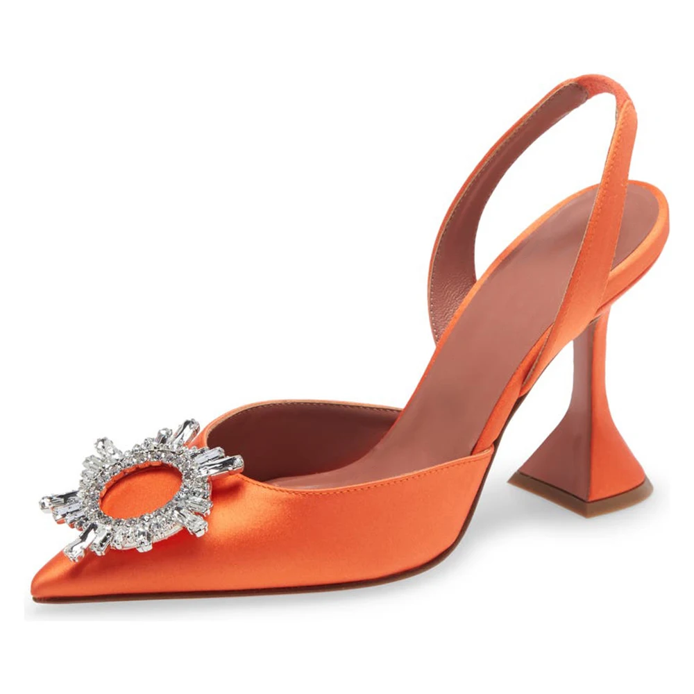 

Stylish Orange Satin Slingbacks Party Pumps for Women High Heels Crystal Shoes