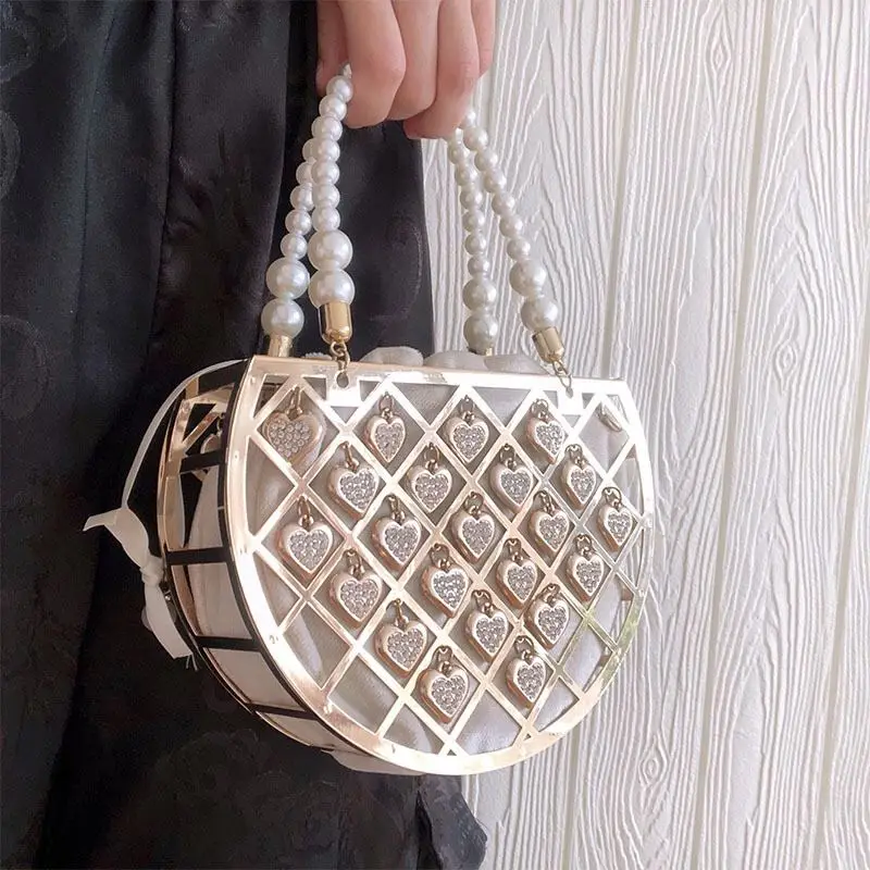 

Women Luxury Pearls Basket Evening Clutch Bags Hollow Out Rhinestone Beaded Metallic Cage Handbags Ladies Wedding Party Purse, Silver/black