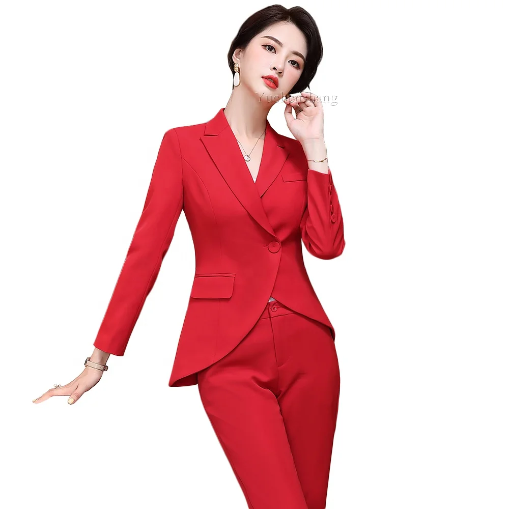 

Spring Fall Red Black White Trouser And Blazer 2 Piece Set Women Pant Suit For Ladies Business Work, Black;white;red
