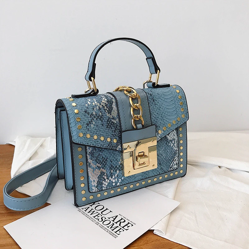 

Wholesale fashion designer lock snakeskin pu leather ladies hand bag shoulder crossbody women custom purses and handbags, 7 colors