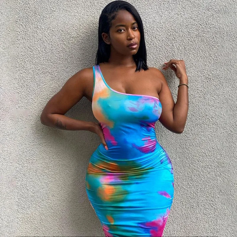 

H6202 - women fashion bodycon one shoulder tie dye Sleeveless dress