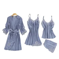 

Pyjamas Women Sleepwear Robe Lace Artificial Silk Nightwear Romantic Nightgown Lounge Women Night Wear 4 Pieces