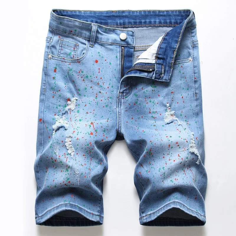 

Men's Short Whitened Jeans Fashionable Ink Cat Whiskers Jeans, Picture shows