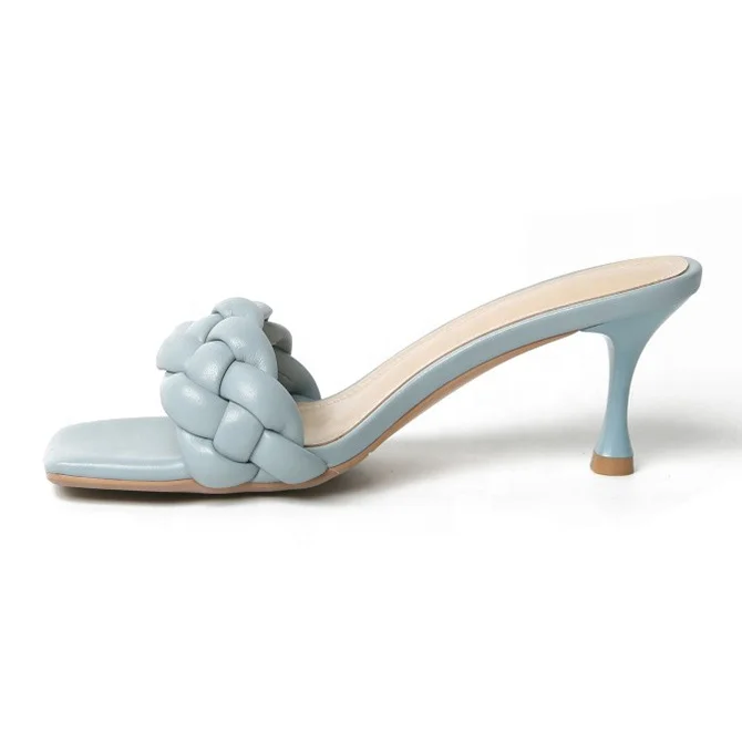 

Knitted Braid High Heel Slippers Women Lace up Sandals Shoes Low Kitten Heel Pumps, Green blue brown