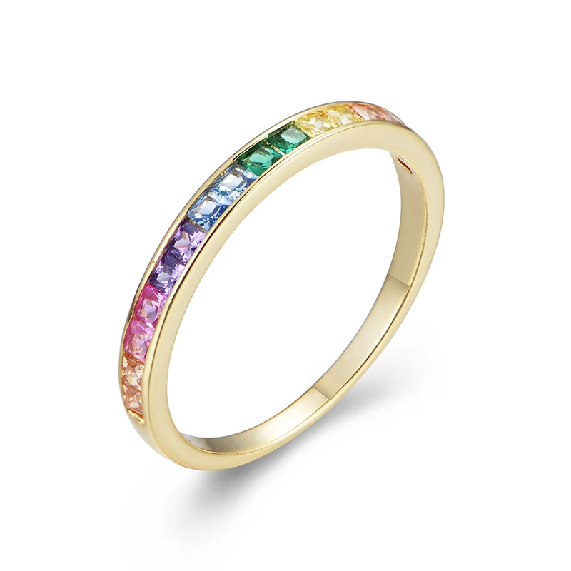 

RINNTIN EQR15 Multi Color Rainbow Cubic Zirconia Eternity Ring Wedding Band 925 Sterling Silver Jewelry ring Women, 18k gold color